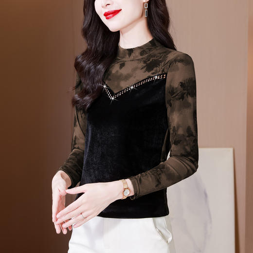 雀说印花水溶针织拼接丝绒打底衫新款时尚洋气半高领减龄上衣AL299 商品图1