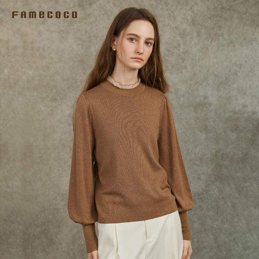 Famecoco范可儿泡泡袖羊毛针织衫欧根纱拼接圆领毛衫FAC6DC003 商品图4
