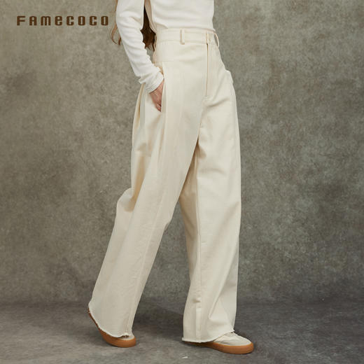 Famecoco范可儿洗水棉休闲直筒裤时髦毛边宽松长裤FAC6GA001 商品图2