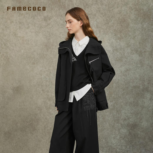 Famecoco范可儿棉质宽松休闲连帽外套文艺百搭短风衣FAC6AV001 商品图2