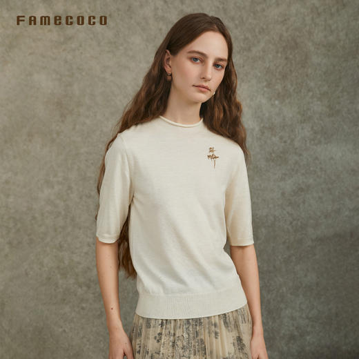 Famecoco范可儿圆领套头毛衫植物刺绣五分袖针织衫FAC6DC005 商品图2