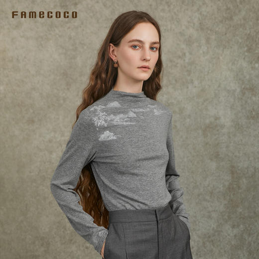 Famecoco范可儿小高领国风水墨印花套头羊毛打底衫FAC6BB003 商品图3