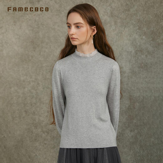 Famecoco范可儿泡泡袖羊毛针织衫欧根纱拼接圆领毛衫FAC6DC003 商品图3