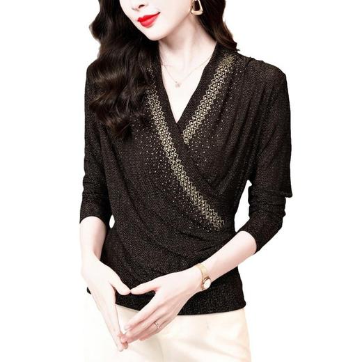 雀说亮丝网纱烫钻打底衫新款时尚洋气百搭交叉V领长袖小衫AL2827 商品图4