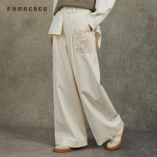 Famecoco范可儿天丝棉宽松阔腿裤立体绣花肌理感长裤FAC6GA015 商品图3