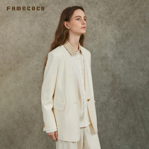 Famecoco范可儿无领宽松西装优雅珠边高级感正肩外套FAC6AW003 商品图1
