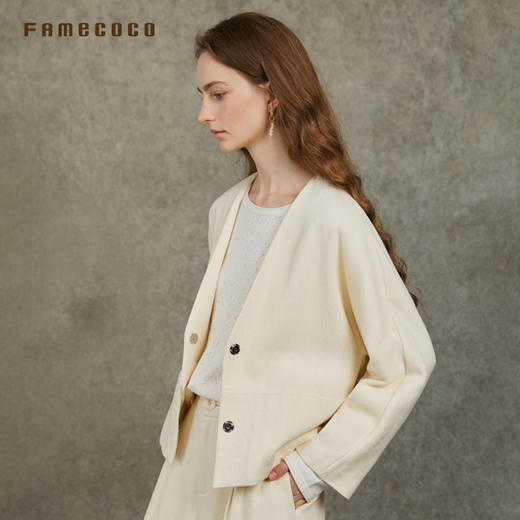 Famecoco范可儿V领短款文艺外套休闲百搭短款宽松FAC6AB003 商品图1