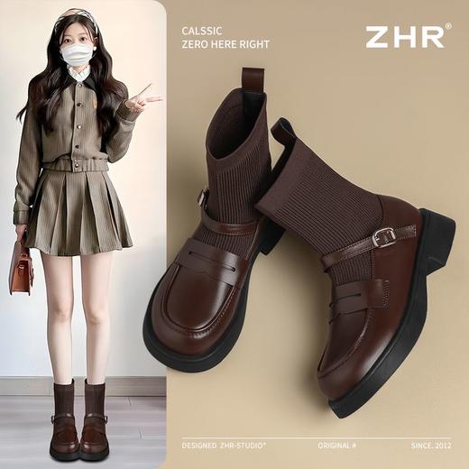 ZHR则则粗跟袜靴2024新款秋冬时尚舒适短靴弹力靴学院百搭乐福鞋 商品图2