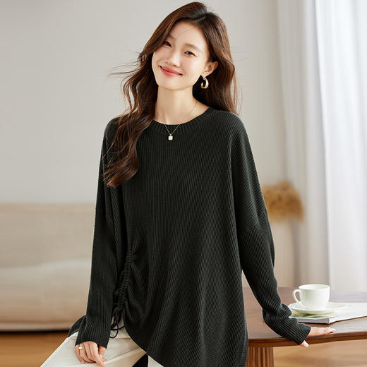 CC-JDS-8873秋装长袖t恤女2024春秋新款不规则抽绳蝙蝠袖针织衫慵懒宽松毛衣 商品图3