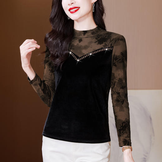 雀说印花水溶针织拼接丝绒打底衫新款时尚洋气半高领减龄上衣AL299 商品图3