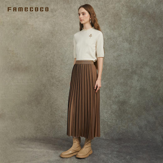 Famecoco范可儿压褶优雅半裙简约文艺长款A字裙FAC6HA001 商品图2