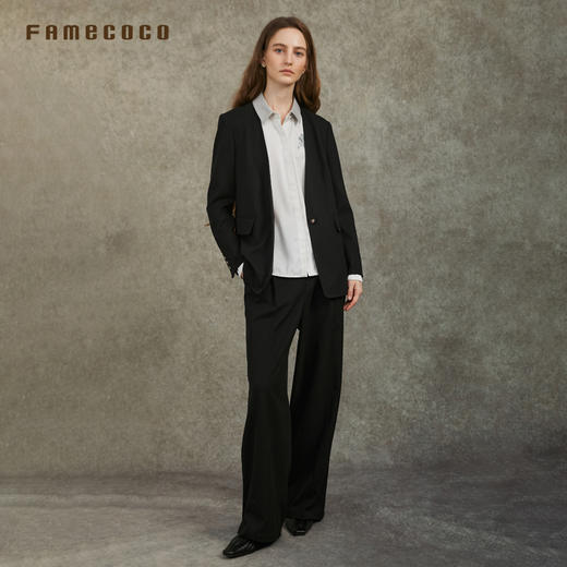 Famecoco范可儿无领宽松西装优雅珠边高级感正肩外套FAC6AW003 商品图4