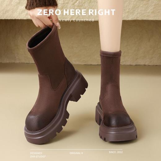 ZHR粗跟短靴女鞋冬季薄绒咖色袜靴2024新款保暖弹力瘦瘦靴马丁靴 商品图6