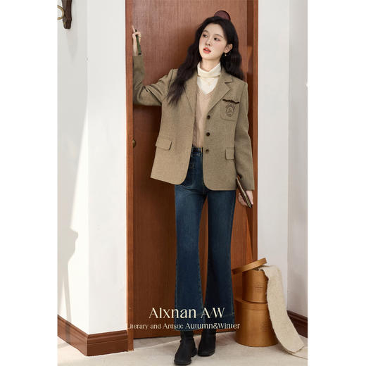 鹿向南「日落巴黎」学院风卡其色短款西装毛呢外套女秋冬新款上衣 商品图4