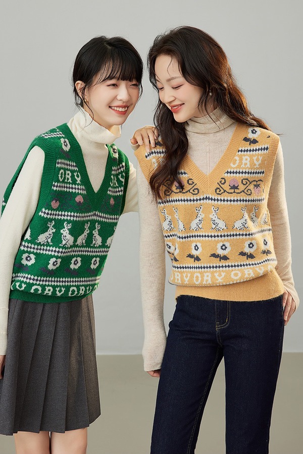 LNNNS 黄色兔子花朵图案针织背心上衣 17411