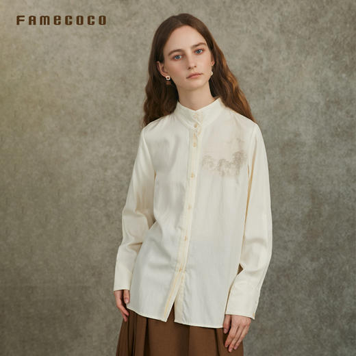 Famecoco范可儿天丝棉简约长袖衬衫高级国风山水印花FAC6BA007 商品图0