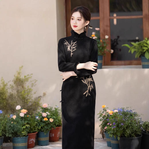 欧棉绒刺绣复合超柔，加绒加厚绣花修身旗袍SJT718 商品图0