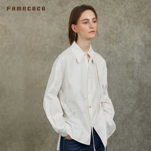 Famecoco范可儿国风山水印花衬衫设计感飘带宽松衬衣FAC6BH002 商品图1