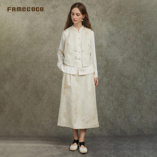 Famecoco范可儿一粒扣v领新中式马夹复古提花外搭FAC6CA007 商品图2