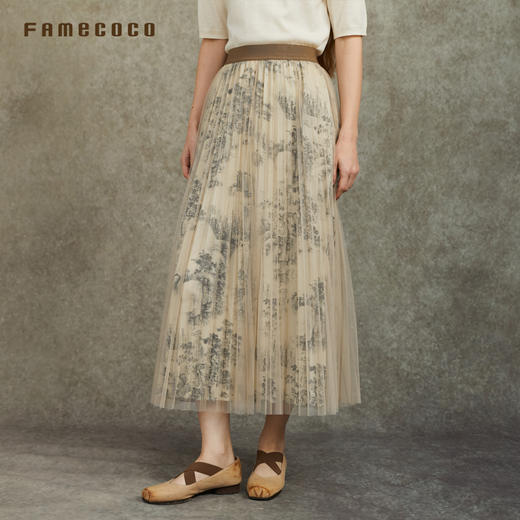 Famecoco范可儿国风水墨印花网纱半身裙轻盈显瘦长裙FAC6HA006 商品图1