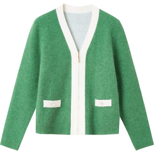 【商场同款】CNR4061“绿意开衫”米白色和绿色搭配清新舒适 气质V领 修饰颈部线条 前中拉链 绵羊毛/马海毛混纺毛开衫 商品图9