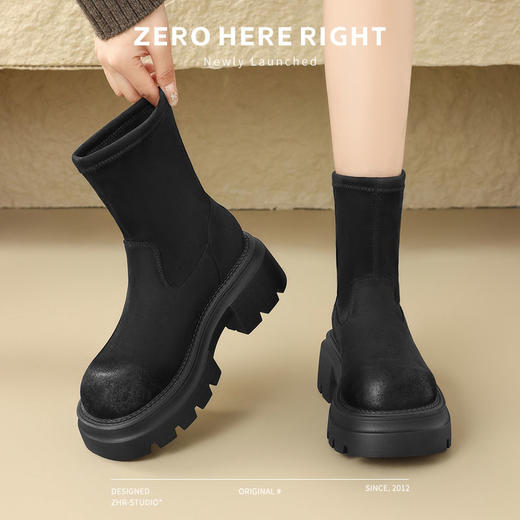 ZHR粗跟短靴女鞋冬季薄绒咖色袜靴2024新款保暖弹力瘦瘦靴马丁靴 商品图7