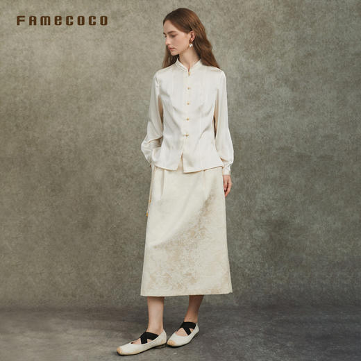 Famecoco范可儿缎感新中式衬衣气质高级国风长袖衬衫FAC6BH008 商品图2