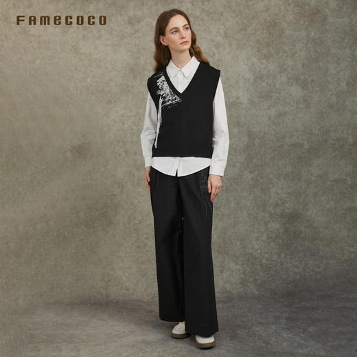 Famecoco范可儿山水刺绣马甲宽松V领针织马夹叠穿FAC6CA014 商品图4