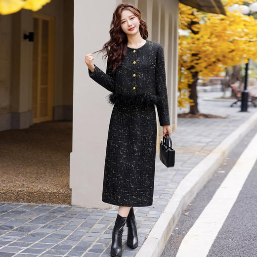 时尚休闲套装秋冬新款小香风下摆鸵鸟毛短外套半裙两件套HR-YJ1338 商品图3