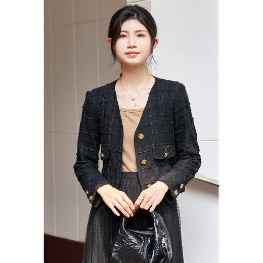 【复古小香外套】米思阳2026春季法式赫本格纹柔软弹力蕾丝面料 定制金葱混纺格纹1914 商品图3