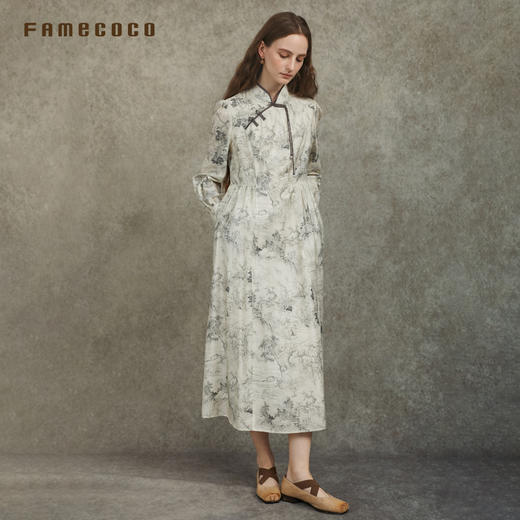 Famecoco范可儿国风改良旗袍山水印花天丝长袖连衣裙FAC6FA019 商品图1