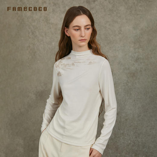 Famecoco范可儿小高领国风水墨印花套头羊毛打底衫FAC6BB003 商品图1