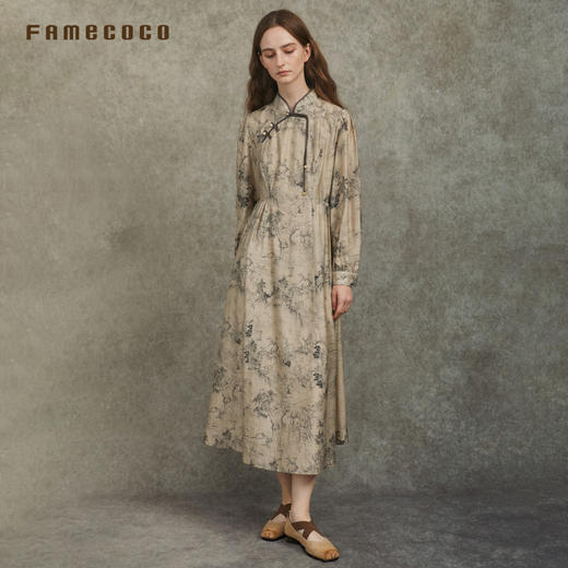 Famecoco范可儿国风改良旗袍山水印花天丝长袖连衣裙FAC6FA019 商品图3