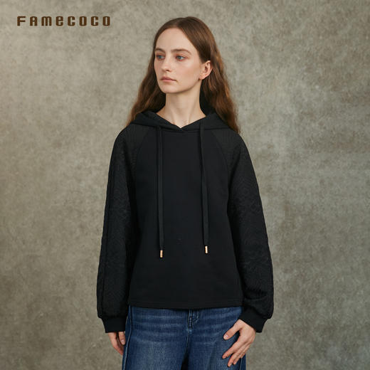 Famecoco范可儿休闲连帽卫衣时尚新中式提花拼接上衣FAC6BL006 商品图3