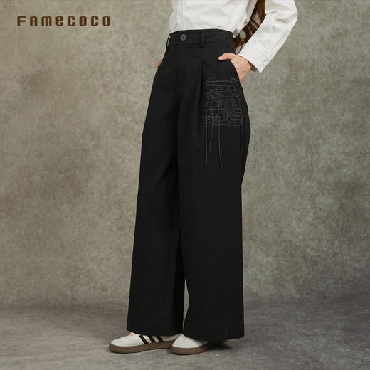 Famecoco范可儿天丝棉宽松阔腿裤立体绣花肌理感长裤FAC6GA015 商品图1