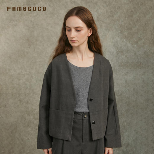 Famecoco范可儿V领短款文艺外套休闲百搭短款宽松FAC6AB003 商品图3