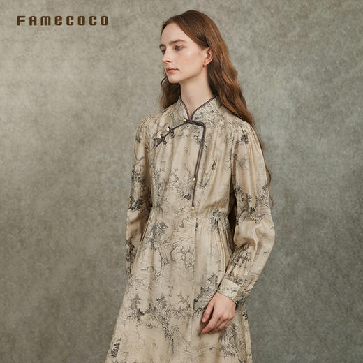 Famecoco范可儿国风改良旗袍山水印花天丝长袖连衣裙FAC6FA019 商品图4