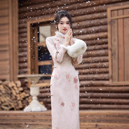 冬款雪尼尔复合超柔加绒加厚粉色少女旗袍SJT711 商品图2