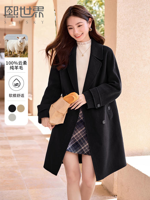 【年终特卖】熙世界黑色双排扣双面呢全羊毛大衣中长款秋冬新款气质毛呢外套 商品图0