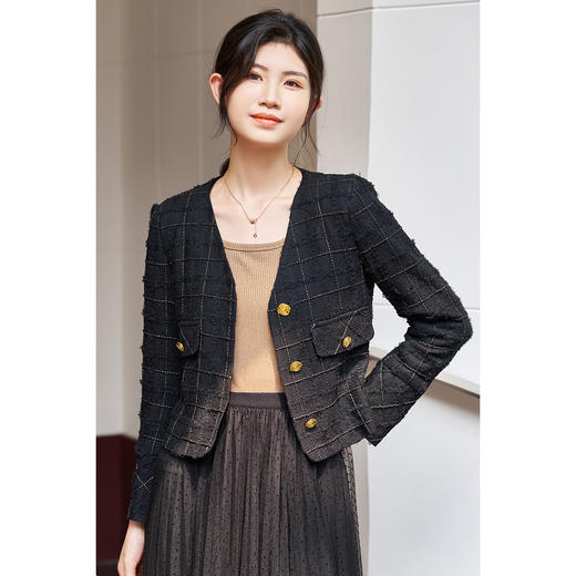 【复古小香外套】米思阳2026春季法式赫本格纹柔软弹力蕾丝面料 定制金葱混纺格纹1914 商品图1