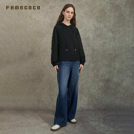 Famecoco范可儿休闲连帽卫衣时尚新中式提花拼接上衣FAC6BL006 商品图4