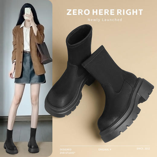 ZHR粗跟短靴女鞋冬季薄绒咖色袜靴2024新款保暖弹力瘦瘦靴马丁靴 商品图1