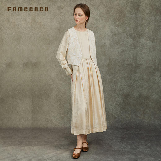 Famecoco范可儿V领短款棉麻马甲新中式文艺立体提花FAC6CA001 商品图2