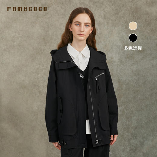 Famecoco范可儿棉质宽松休闲连帽外套文艺百搭短风衣FAC6AV001 商品图3