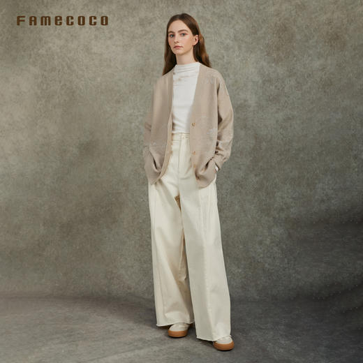 Famecoco范可儿V领羊毛开衫宽松显瘦简约国风外套FAC6DA001 商品图2