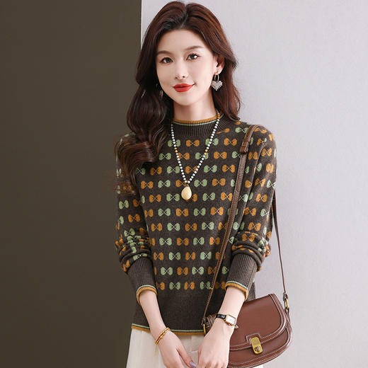 CC-101-59858半高领复古毛衣女秋冬2024厚款宽松提花气质内搭中领针织打底衫女 商品图2