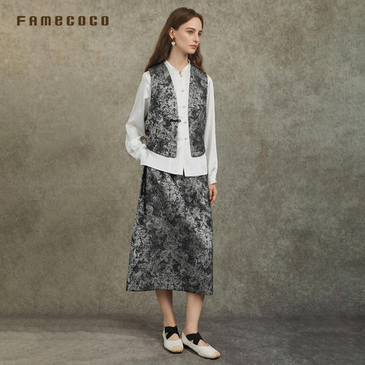 Famecoco范可儿复古提花直筒半身裙新中式腰带拼接FAC6HB001 商品图2