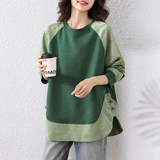 雀说新中式提花卫衣新款圆领拼接宽松休闲不规则上衣AL9912 商品图3