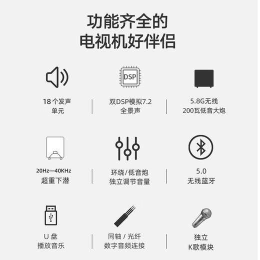万音（JY AUDIO）A9pro回音壁音响电视外接音箱套装客厅3d环绕模拟5.1家庭影院柏林之声家用蓝牙可插U盘带麦克风 7.2影K版+点歌机 商品图8