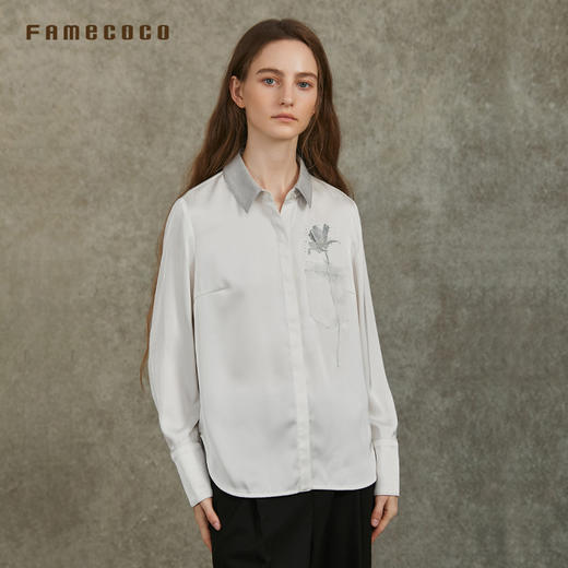 Famecoco范可儿缎面衬衫定制高雅印花简约日常通勤FAC6BH006 商品图3